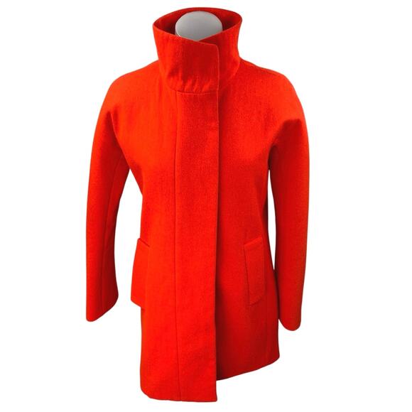 J.Crew Women's Orange Red Wool Long Sleeve Funnel Neck Pea Coat Jacket Size 0 - Picture 1 of 6